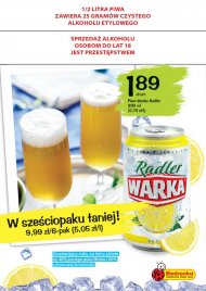 Piwo Warka Radler za 1,89 zł - 40% piwa i 60% lemoniady.