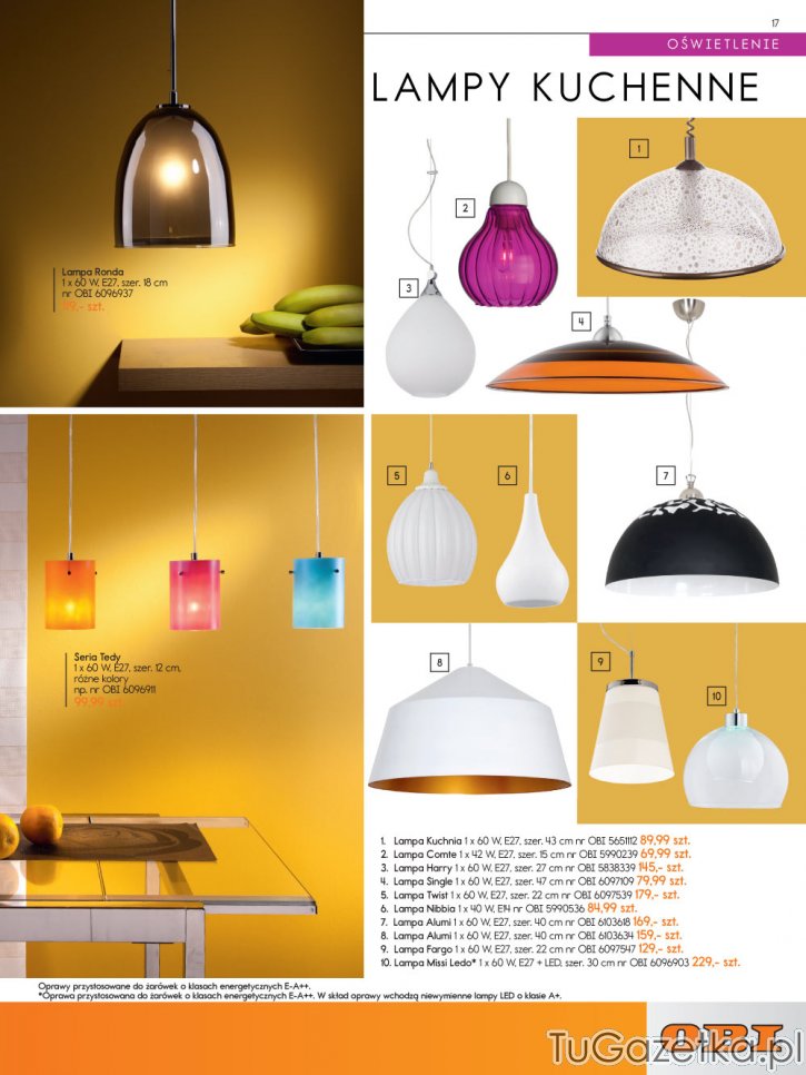 Lampy kuchenne, kolory rodzaje